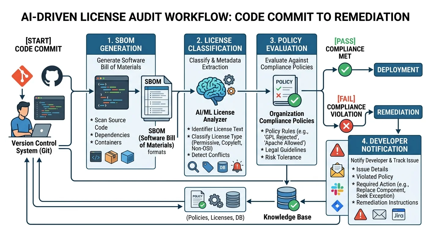 AI code license audit workflow diagram