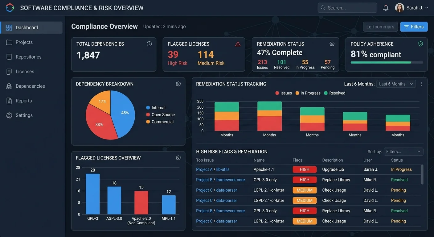 Software license compliance dashboard displaying open source audit results and risk metrics