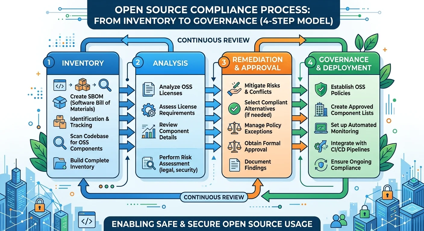 Open source compliance workflow diagram with four numbered steps