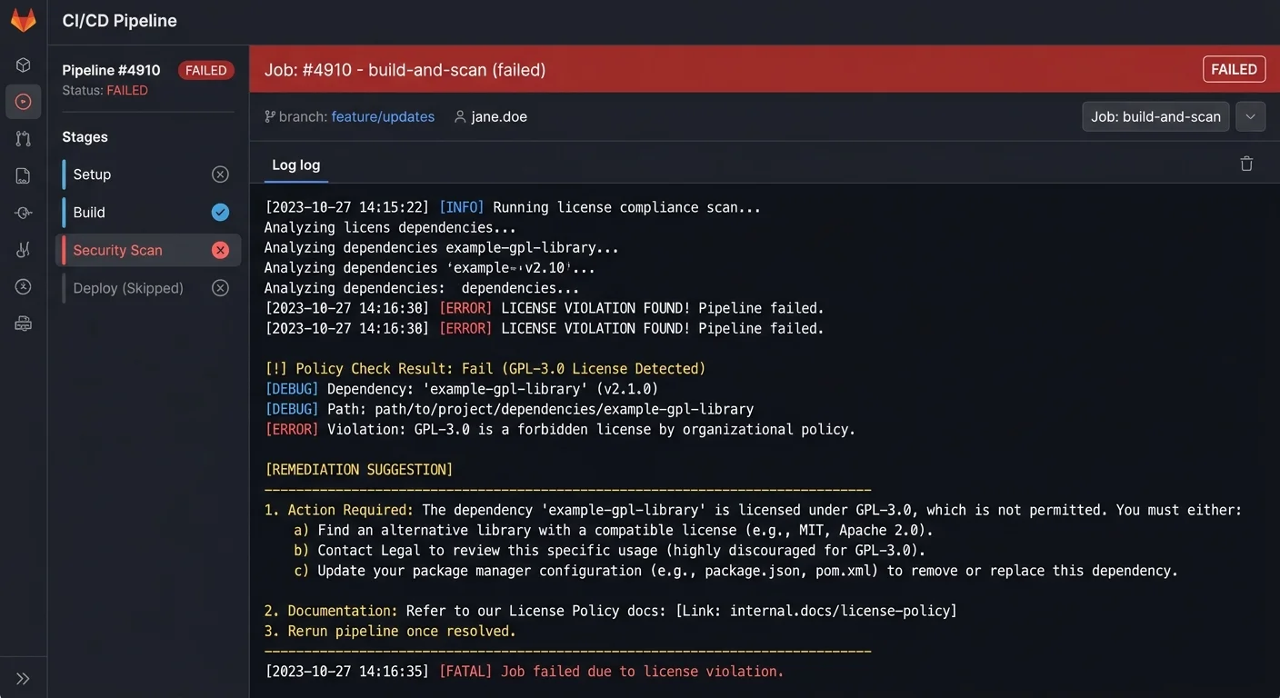 CI build failure showing GPL license violation with remediation guidance